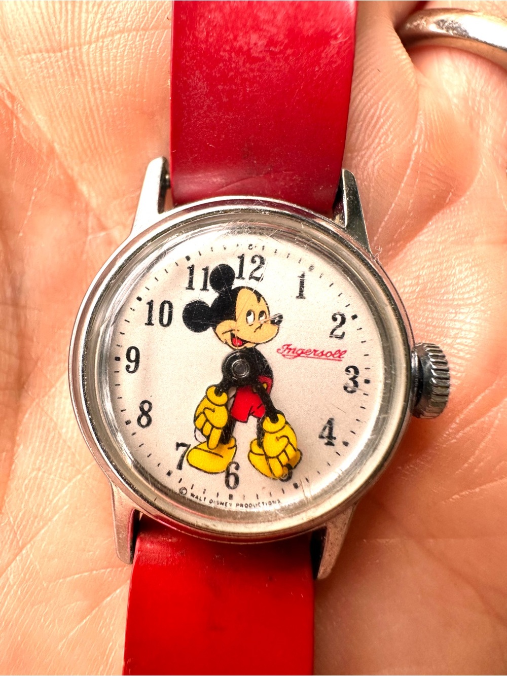 Vintage 1950s Ingersoll Mickey Mouse Hand Wind Kids Watch Disney Red Strap AS IS